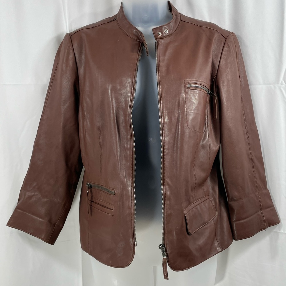 Cynthia Rowley Brown Leather Jacket with Front Zipper Closure. Size 10.